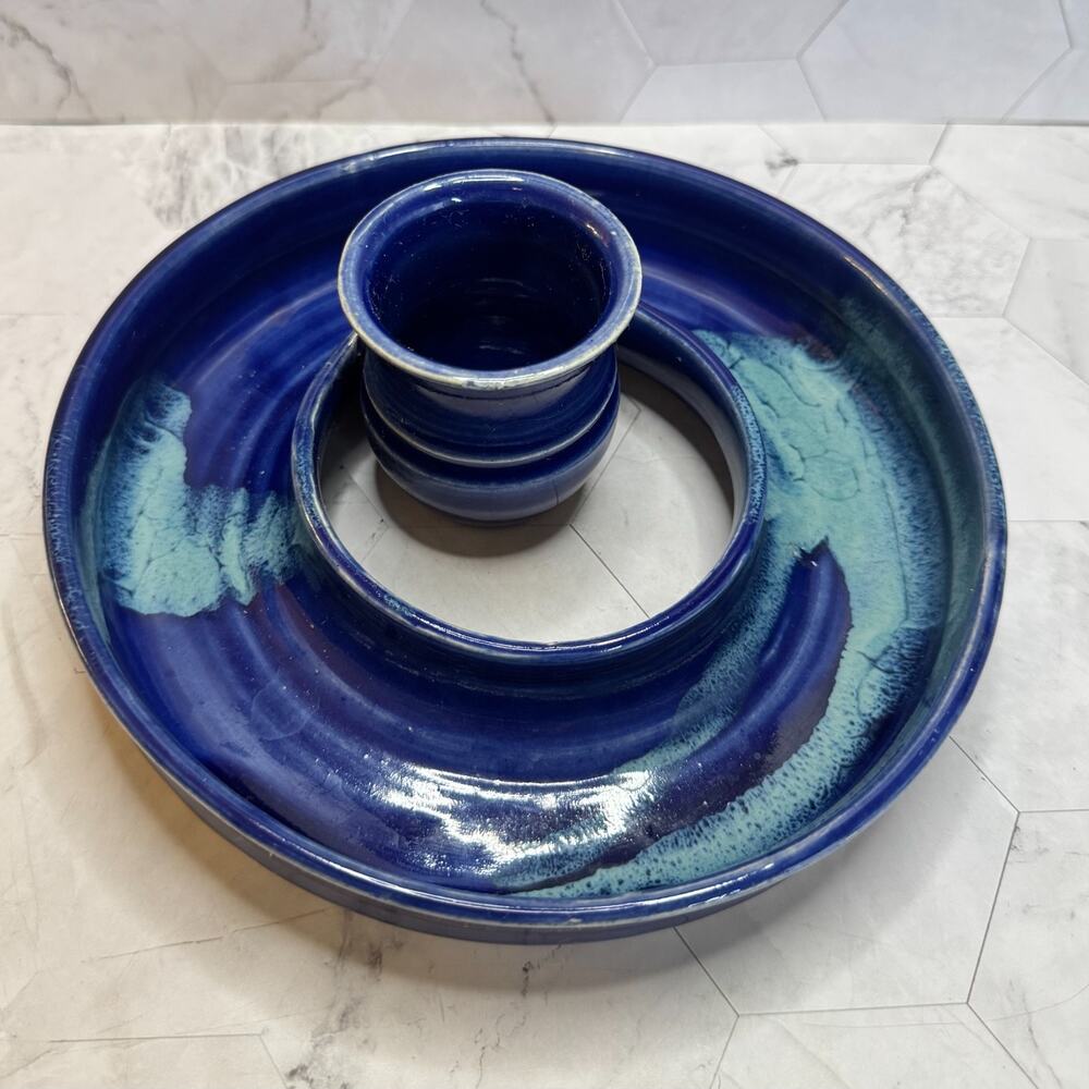 Handmade Ikebana Ring Vase Teal Blue Glazed Ceramic Pottery Flowet Pansy Signed